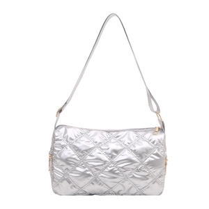 Chic silver quilted shoulder bag with large capacity and elegant metallic finish