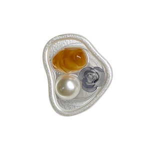Expandable phone grip featuring marble pattern resin, white pearl and grey rose flower