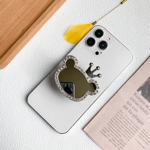 Rhinestone crown bear collapsible phone grip stand with built-in makeup mirror feature