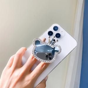 Rhinestone bear crown phone grip with mirror surface and retractable stand for smartphones
