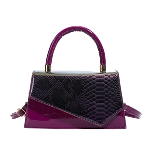 Modern purple patent leather trapezoid handbag with snake-pattern flap and top handle