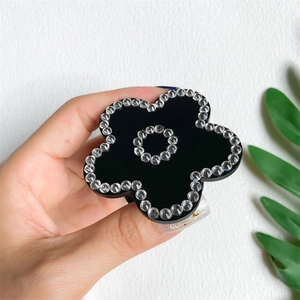 Luxury rhinestone black flower phone socket grip holder with mirror finish and sparkle
