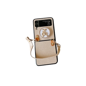 Champagne gold glitter phone case with bear stand and hand strap for Samsung Z Flip