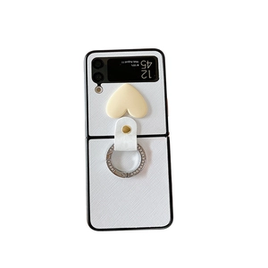 White cross-grain leather Galaxy Z Flip case with 3D heart and rhinestone ring holder