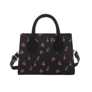 Fashionable black tote bag with red cherry print and detachable shoulder strap