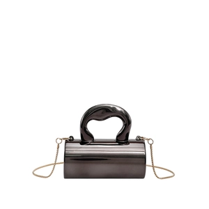 Mini-Zylinderhandtasche mit klobigem Bogengriff und zarter Kette in Dunkelgrau-Metallic