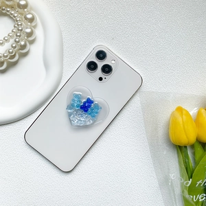 Cute heart-shaped phone grip with blue bears and ice crystal decor for desk stand