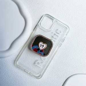 Luxury rhinestone mirror heart phone grip on a clear case with Romantic font design
