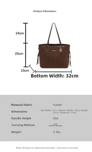 Brown leopard print suede tote bag with size specifications and creative cat branding