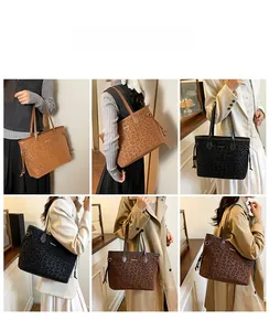Detail shots of large leopard print tote bags in brown, black, and coffee colors