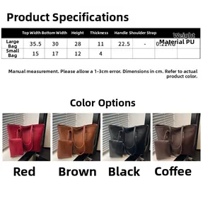 Detailed size chart for PU leather tote bag set showing large and small bag dimensions