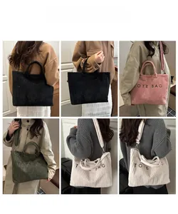 Detail shots of corduroy tote bags in black, pink, green, and cream for daily styling
