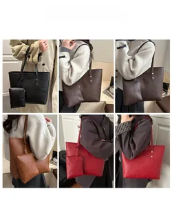 Detail shots of large capacity tote bag set in black brown and red leather for women