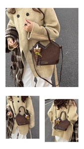 Detail of vintage leopard print brown handbag with V-neck design and cute bear pendant