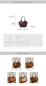 Size chart showing suede leopard print tote bag dimensions and crossbody strap length