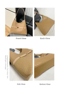 Detail view of khaki woven PU leather tote bag with buckle from four angles