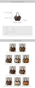 Detailed chart showing leopard print suede tote bag dimensions and multi-color options
