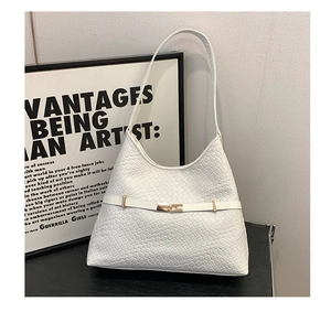 Detailed view of white woven shoulder bag with gold double-ring buckle and fine texture