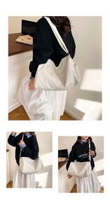 Three-way view of white large capacity tote bag with zipper and side pocket for yoga