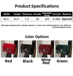 Detailed size chart for velvet chain shoulder bag with dimensions and color options