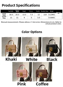 Size chart showing PU leather crossbody bag dimensions and colors with metal clasp detail
