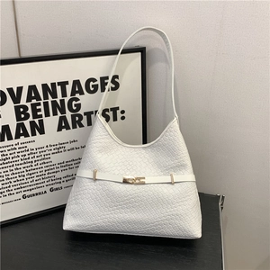 White woven shoulder bag with golden metal hardware buckle and minimalist retro texture