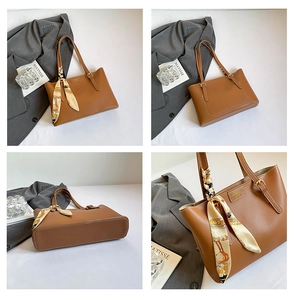 Detailed four-angle view of brown leather tote bag with printed silk scarf and logo