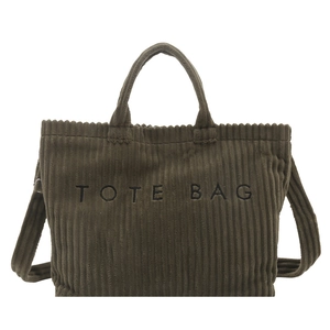 Minimalist olive corduroy tote bag with TOTE BAG embroidery and adjustable strap