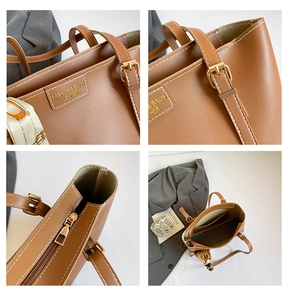 Detailed views of a brown leather tote bag with a zipper, silk scarf, and gold hardware