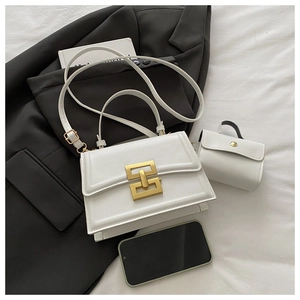 Close-up of white minimalist square bag with gold geometric buckle and mini pouch
