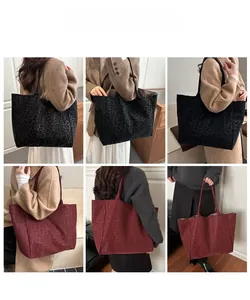 Multi-angle view of leopard print tote bags in black and burgundy styled with autumn coats