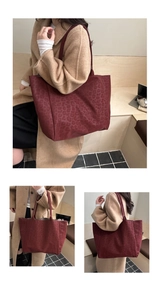 Model wearing a large burgundy leopard print tote bag for daily casual commute use