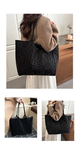 Three views showing a large leopard print suede tote bag in a cozy indoor setting