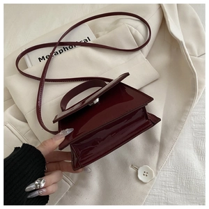 Macro shot of side view showing burgundy patent leather texture on a square handbag