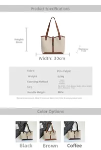 Detailed size chart of the large capacity canvas and PU leather tote bag in three colors