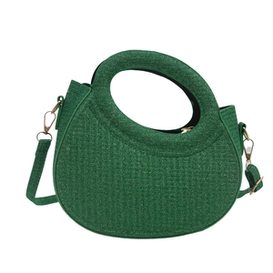 Green tweed half-moon handbag with unique round handle and gold hardware crossbody strap