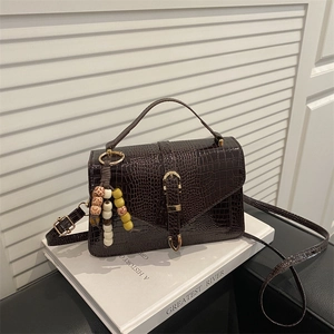 Dark brown faux crocodile leather shoulder bag with vintage gold buckle and beaded strap