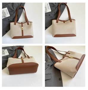 Detail shots of large canvas tote bag with brown leather trim and golden metal buckle