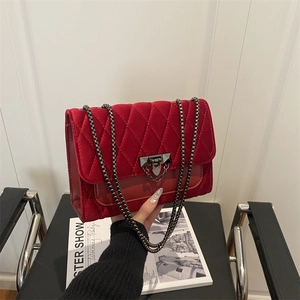Elegant red velvet quilted crossbody bag with dark grey metal chain and stylish lock