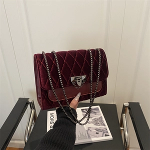 Vintage Samt Gesteppt Kette Umhängetasche Für Damen Raute Muster Kleine Quadratische Crossbody Tasche Mit Metallschloss