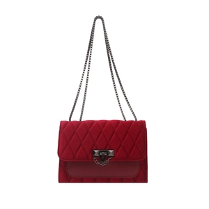 Elegant red quilted velvet shoulder bag with chain strap and gunmetal clasp lock