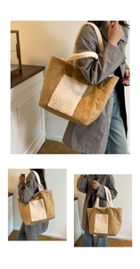 Detail view of large khaki tote bag with plush white faux fur pockets and soft texture