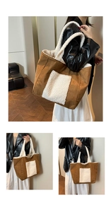 Detailed view of large suede tote bag with white faux fur trim and front pocket