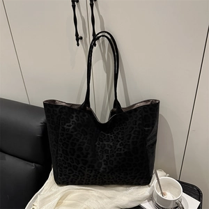 Chic black leopard print large capacity tote bag with long double shoulder straps