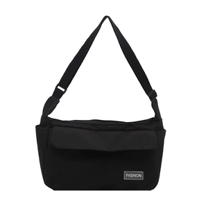 Unisex black water-resistant nylon messenger bag with adjustable strap and large front pocket