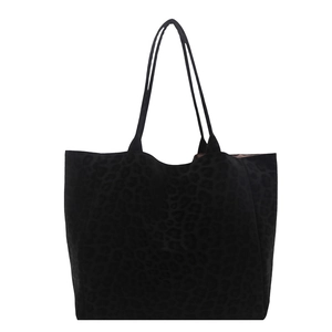 Minimalist large black tote bag with subtle dark leopard pattern for daily commuting