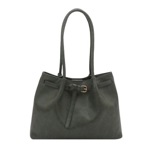 Minimalist large dark leather tote bag with long handles and decorative buckle detail