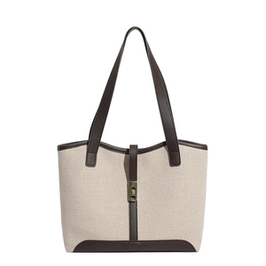 Retro contrast canvas tote bag with brown leather trim and golden metal buckle detail
