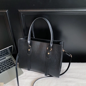 Classic black crocodile texture tote bag with gold hardware and detachable strap