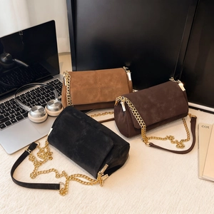 Women Shoulder Bag Suede Texture Crossbody Purse With Chain Strap Retro Cross Stitching Minimalist Commuter Handbag